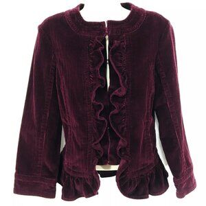 AMI Stretchy Corduroy Jacket Blazer Sz S Ruffled Front & Peplum Hook & Eye